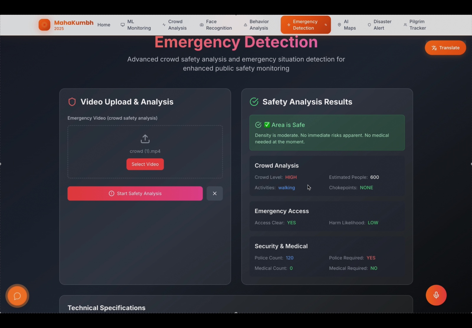 Administrative control panel with real-time monitoring and crowd analytics